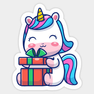 Cute Unicorn Holding Gift Cartoon Sticker